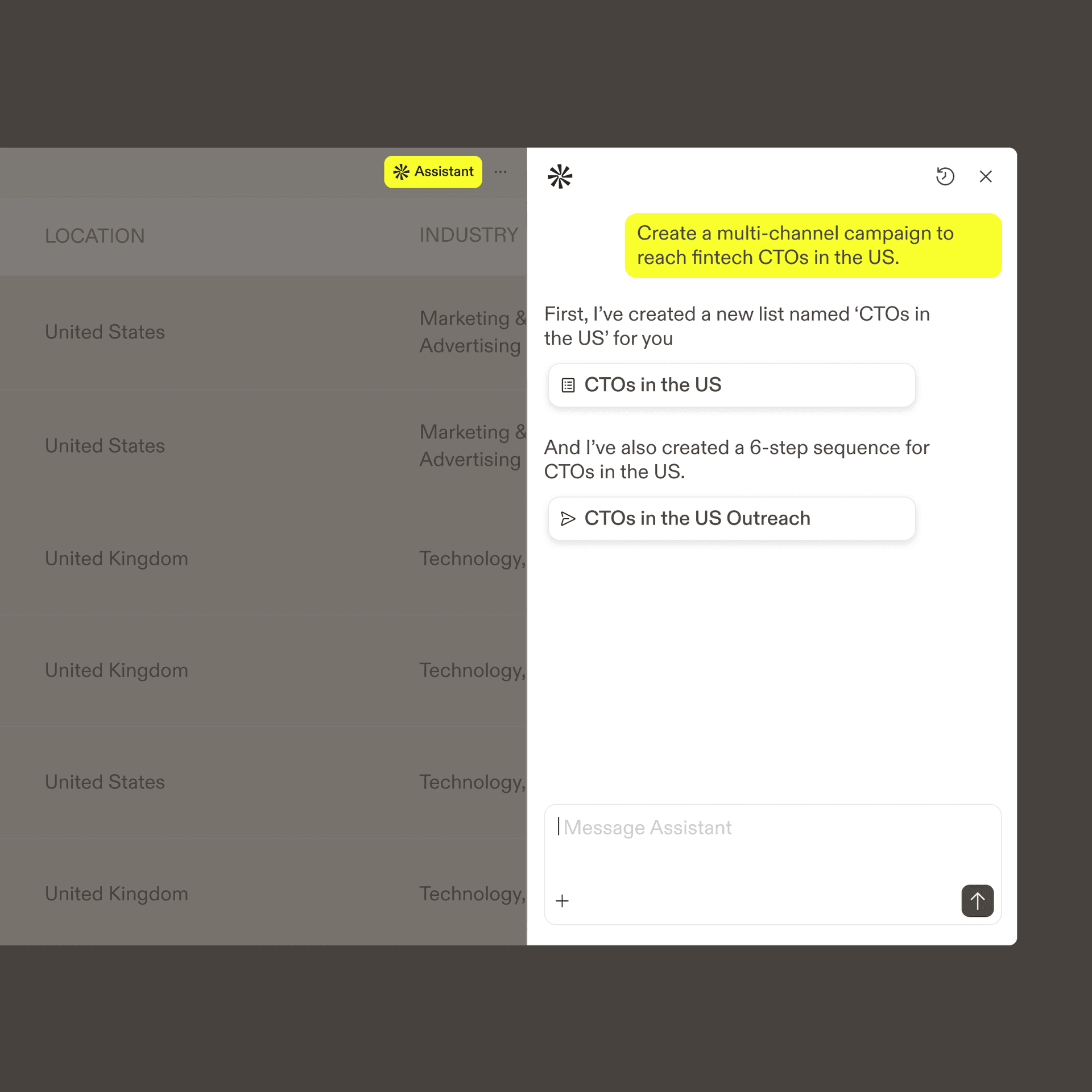 Apollo.io outbound campaign interface with AI assistant