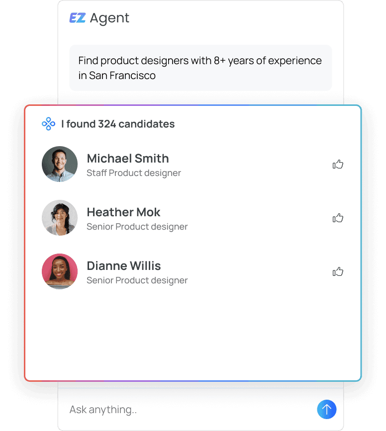 HireEZ EZ Agent interface showing AI-powered candidate sourcing