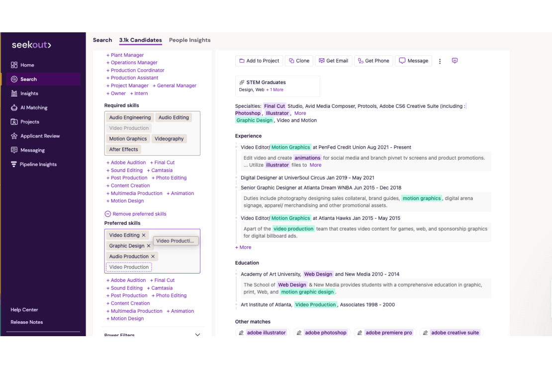 SeekOut search interface showing candidate profiles with skills matching
